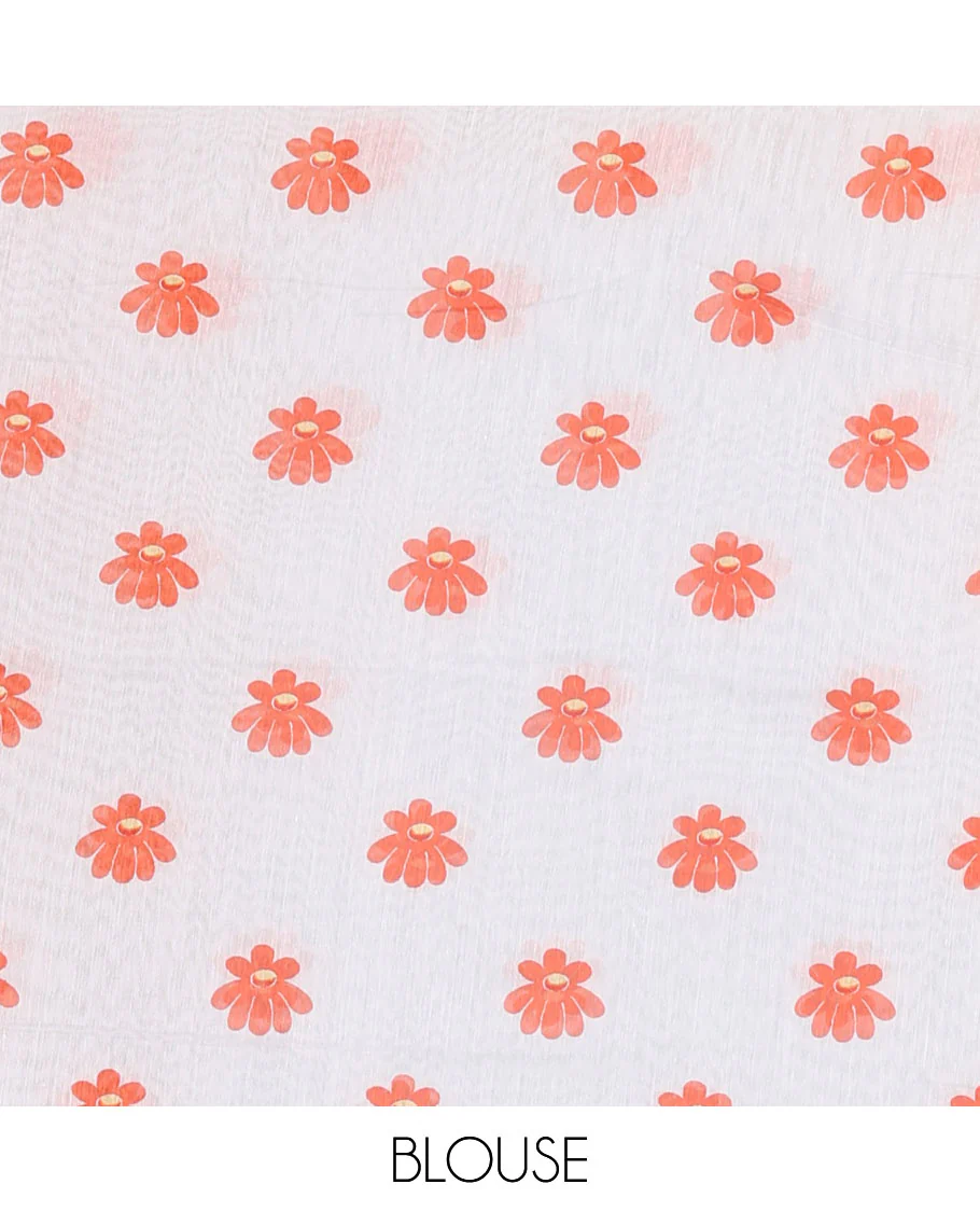Borderless white floral design chanderi cotton saree , floral vine printed pallu and small floral printed blouse - Image 3