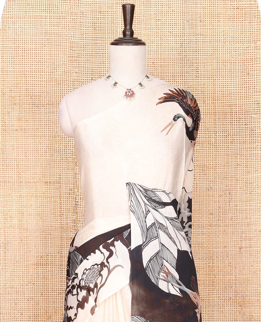Borderless White Georgette Saree Embellished with Bird and Floral Motifs Printed All Over Its Body, Complemented by a Contrast Pallu of Different Floral Motif Prints, and Paired with a Contrast Vines Printed Blouse - Image 3