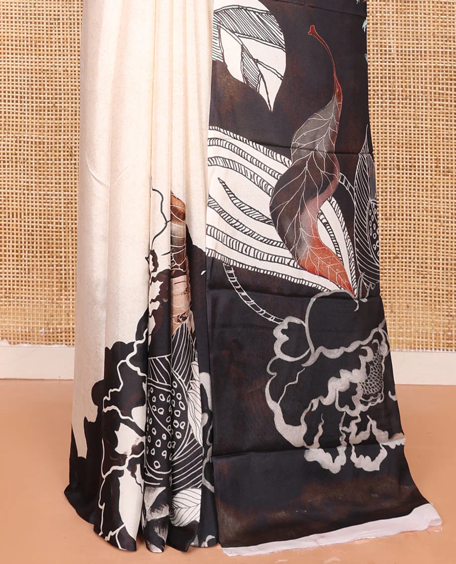 Borderless White Georgette Saree Embellished with Bird and Floral Motifs Printed All Over Its Body, Complemented by a Contrast Pallu of Different Floral Motif Prints, and Paired with a Contrast Vines Printed Blouse - Image 4