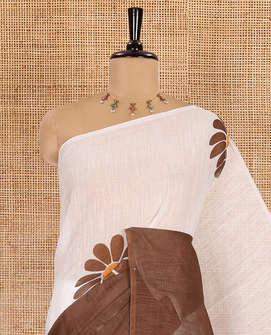 Borderless white-Brown 2D-style daisy floral printed linen cotton saree, daisy floral printed pallu, and daisy floral printed blouse - Image 2