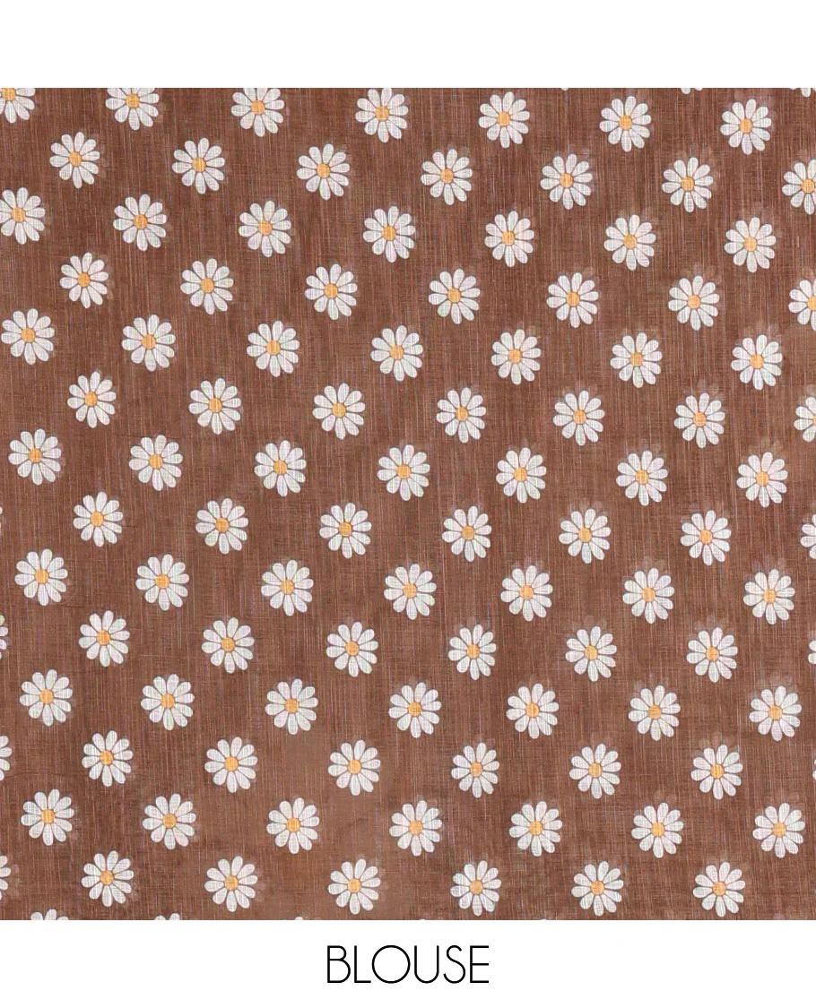 Borderless white-Brown 2D-style daisy floral printed linen cotton saree, daisy floral printed pallu, and daisy floral printed blouse - Image 3