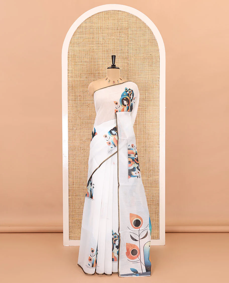 Borderless white modern art style Radha Krishna motifs printed chanderi cotton saree, big Radha Krishna motifs printed pallu and a contrast printed blouse - Image 2