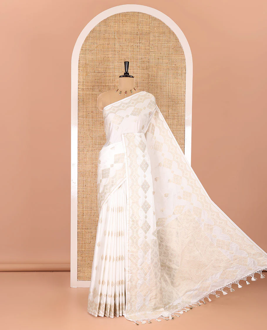 Borderless white zari buttas and diamond buttas mushru silk saree, intricately designed pallu, and a matching blouse - Image 4