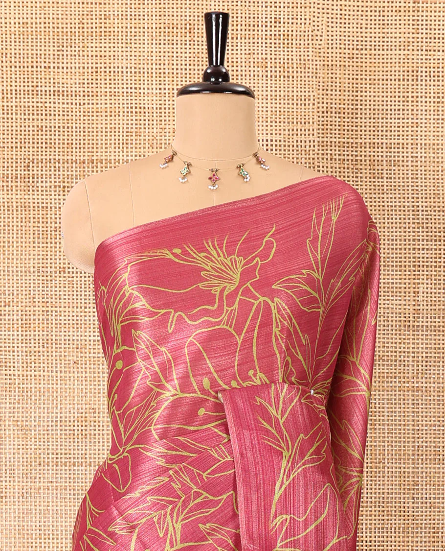 Borderless wine big floral motifs printed tissue silk saree with floral printed pallu, and a contrast plain blouse - Image 3