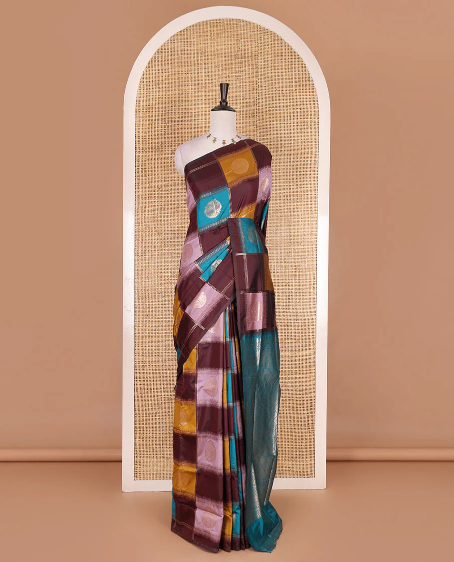 Borderless wine chakra buttas enclosed, checked elite soft silk saree, contrast ogee patterned pallu, and contrast zari design blouse - Image 2