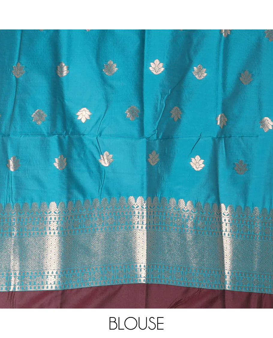 Borderless wine chakra buttas enclosed, checked elite soft silk saree, contrast ogee patterned pallu, and contrast zari design blouse - Image 4