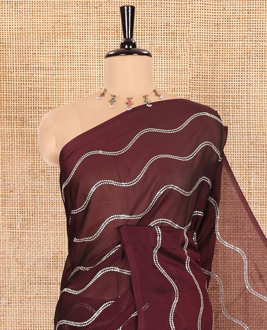 Borderless Wine Rangoli Chiffon Saree Featuring Sequins-Embroidered Zig-Zag Stripes Woven Across Its Body and Pallu, Comes Without a Blouse - Image 2