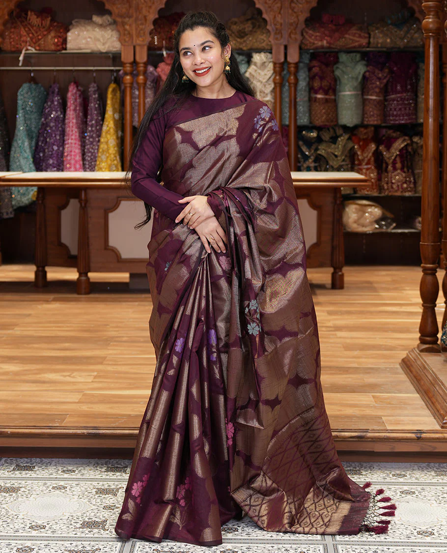 Borderless wine zari 6-petal flowers, and colorful floral motifs woven fancy tussar saree, jaal pallu, and a matching jacquard blouse