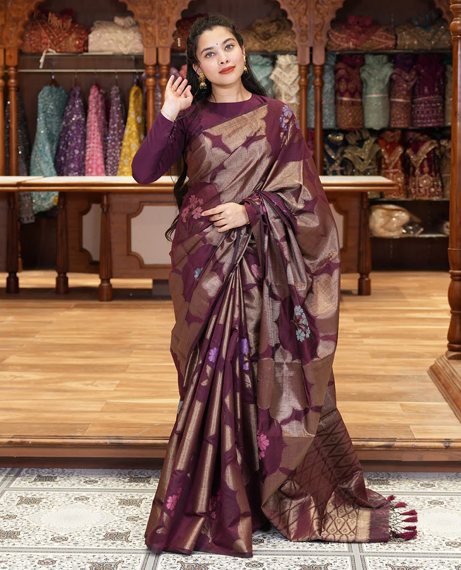 Borderless wine zari 6-petal flowers, and colorful floral motifs woven fancy tussar saree, jaal pallu, and a matching jacquard blouse - Image 2