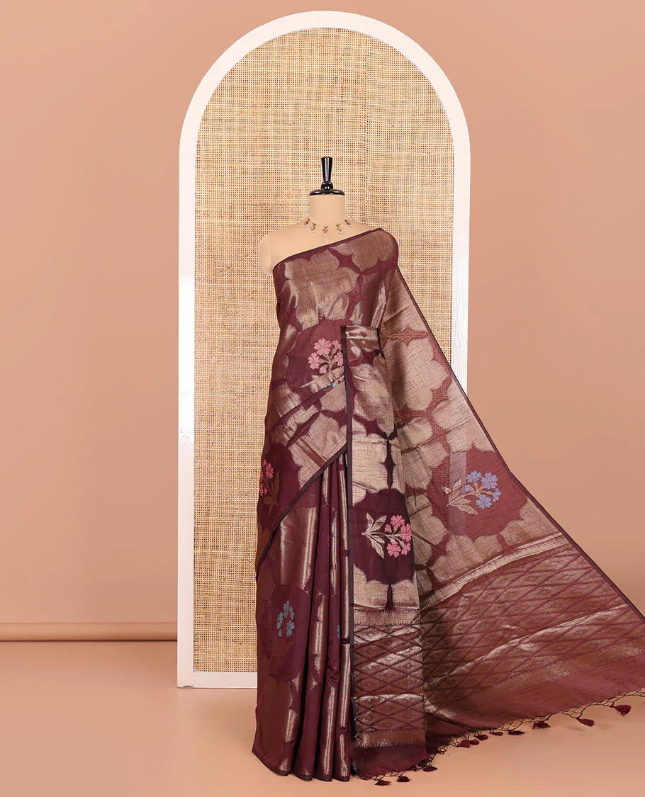 Borderless wine zari 6-petal flowers, and colorful floral motifs woven fancy tussar saree, jaal pallu, and a matching jacquard blouse - Image 3