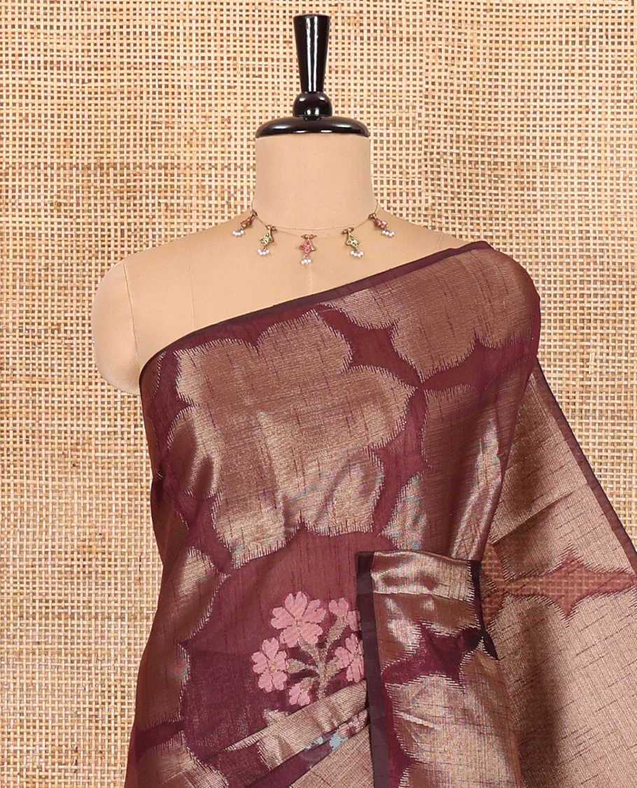 Borderless wine zari 6-petal flowers, and colorful floral motifs woven fancy tussar saree, jaal pallu, and a matching jacquard blouse - Image 4