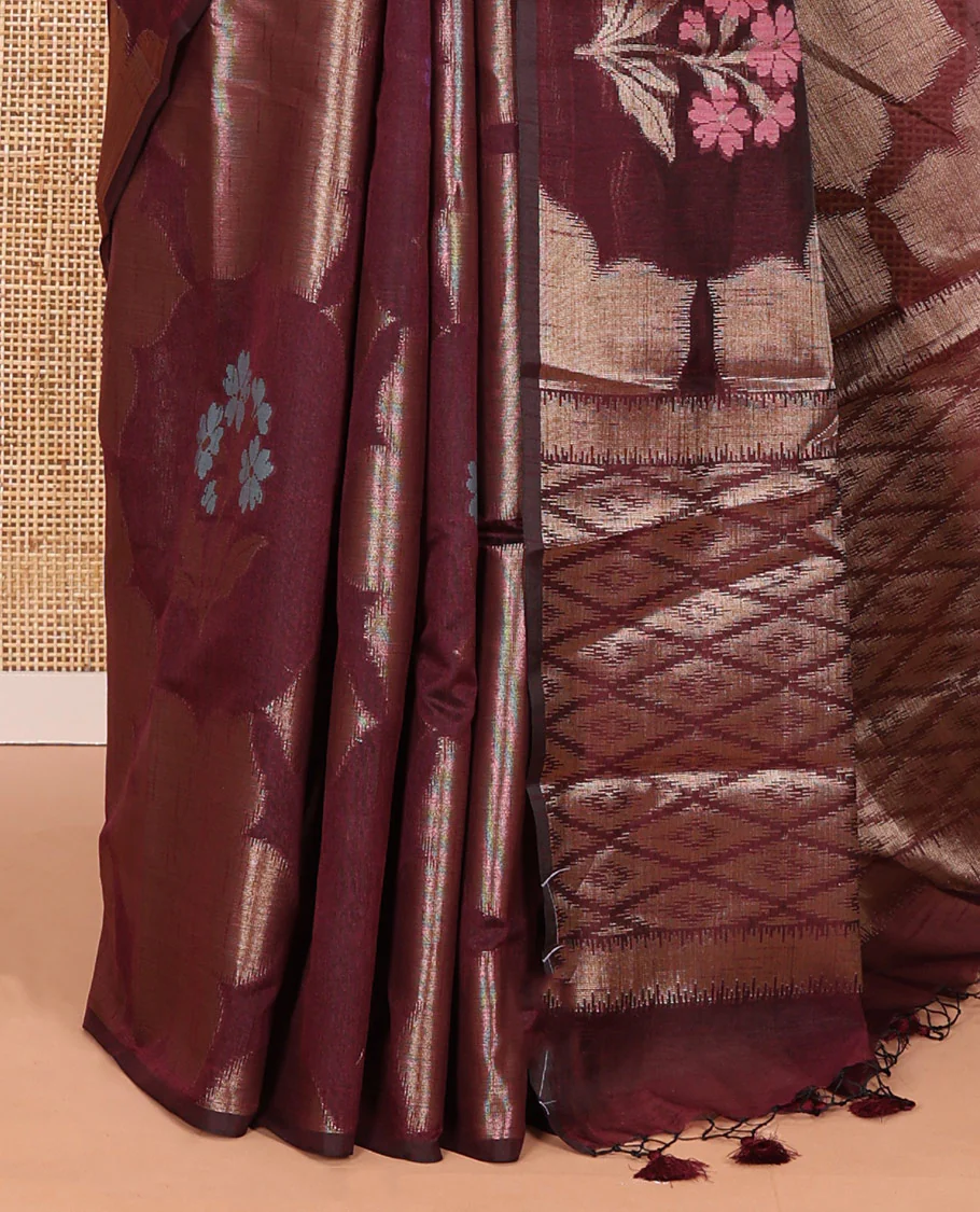 Borderless wine zari 6-petal flowers, and colorful floral motifs woven fancy tussar saree, jaal pallu, and a matching jacquard blouse - Image 5