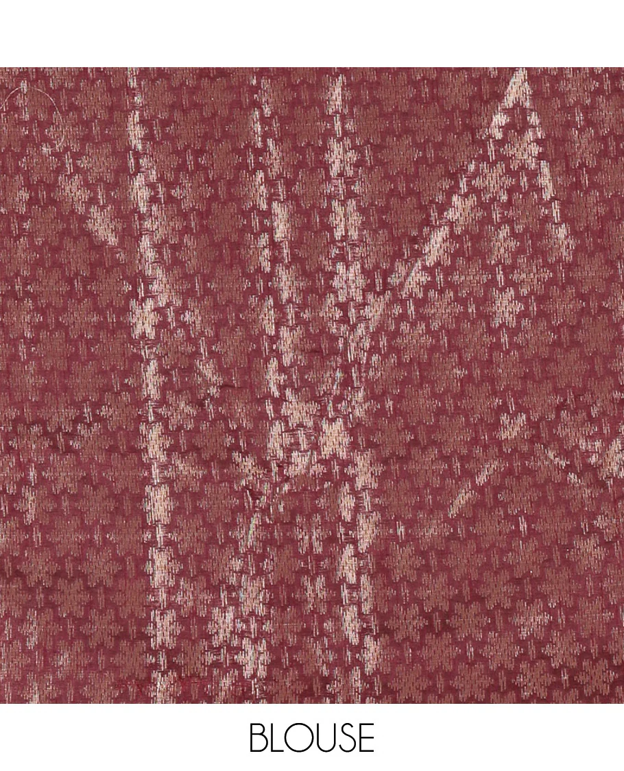 Borderless wine zari 6-petal flowers, and colorful floral motifs woven fancy tussar saree, jaal pallu, and a matching jacquard blouse - Image 6