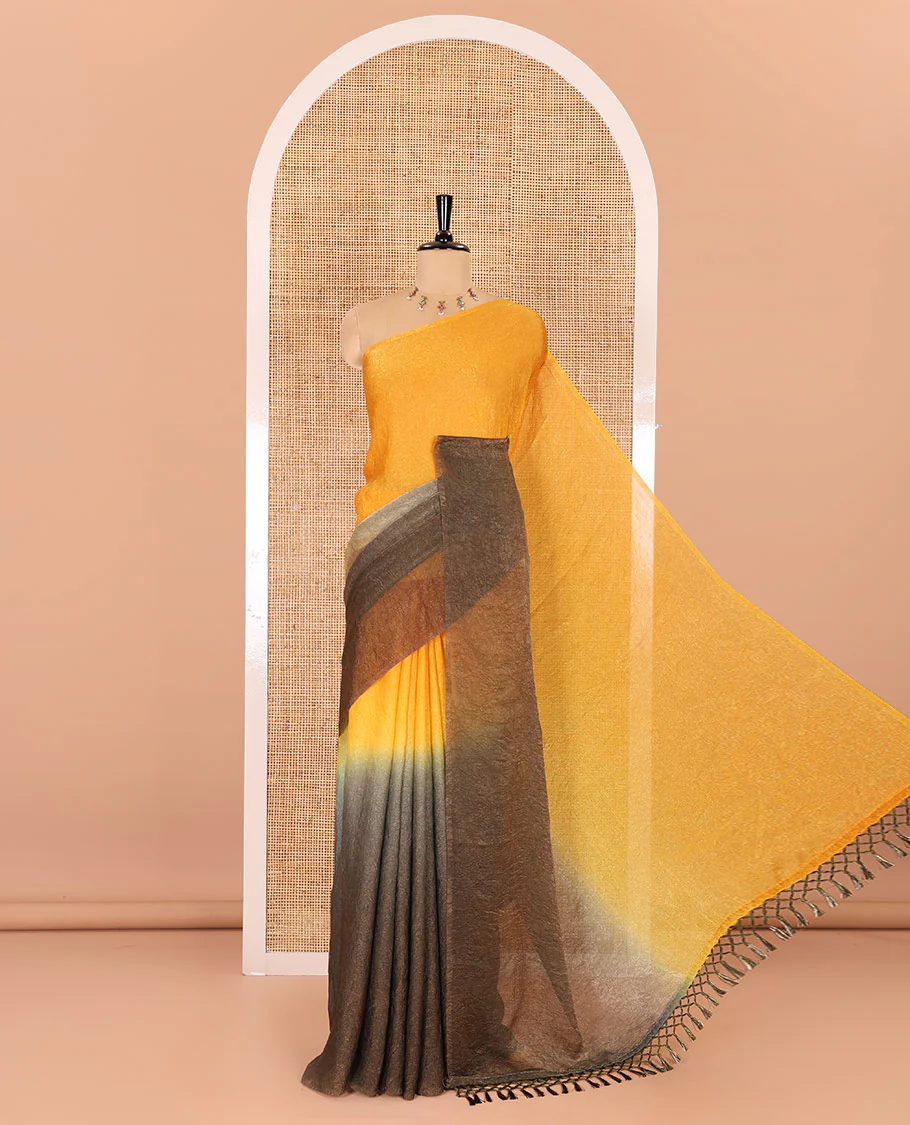 Borderless yellow and olive green ombre-style crushed plain fendy chiffon saree, self-pallu, and a matching plain blouse