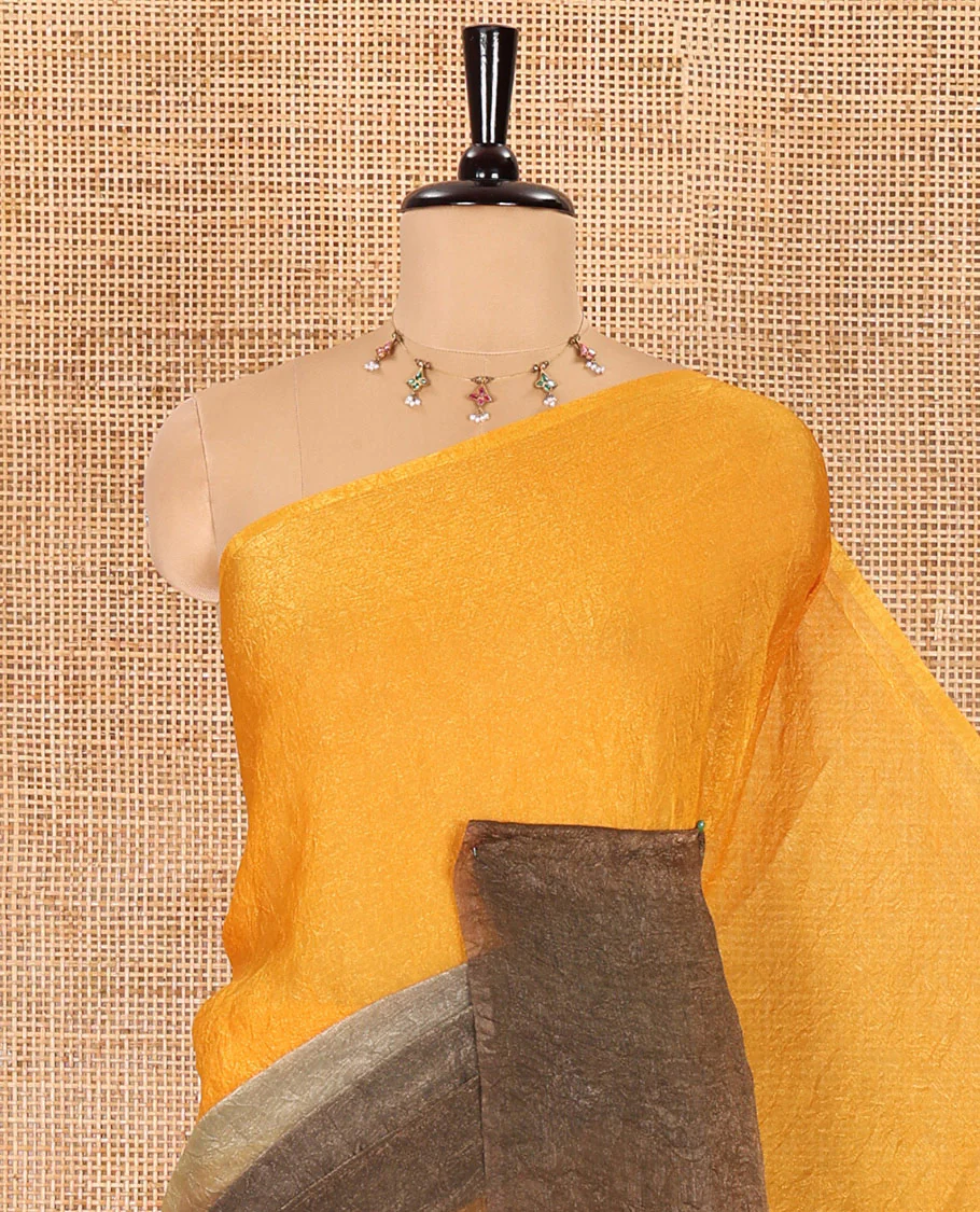 Borderless yellow and olive green ombre-style crushed plain fendy chiffon saree, self-pallu, and a matching plain blouse - Image 2