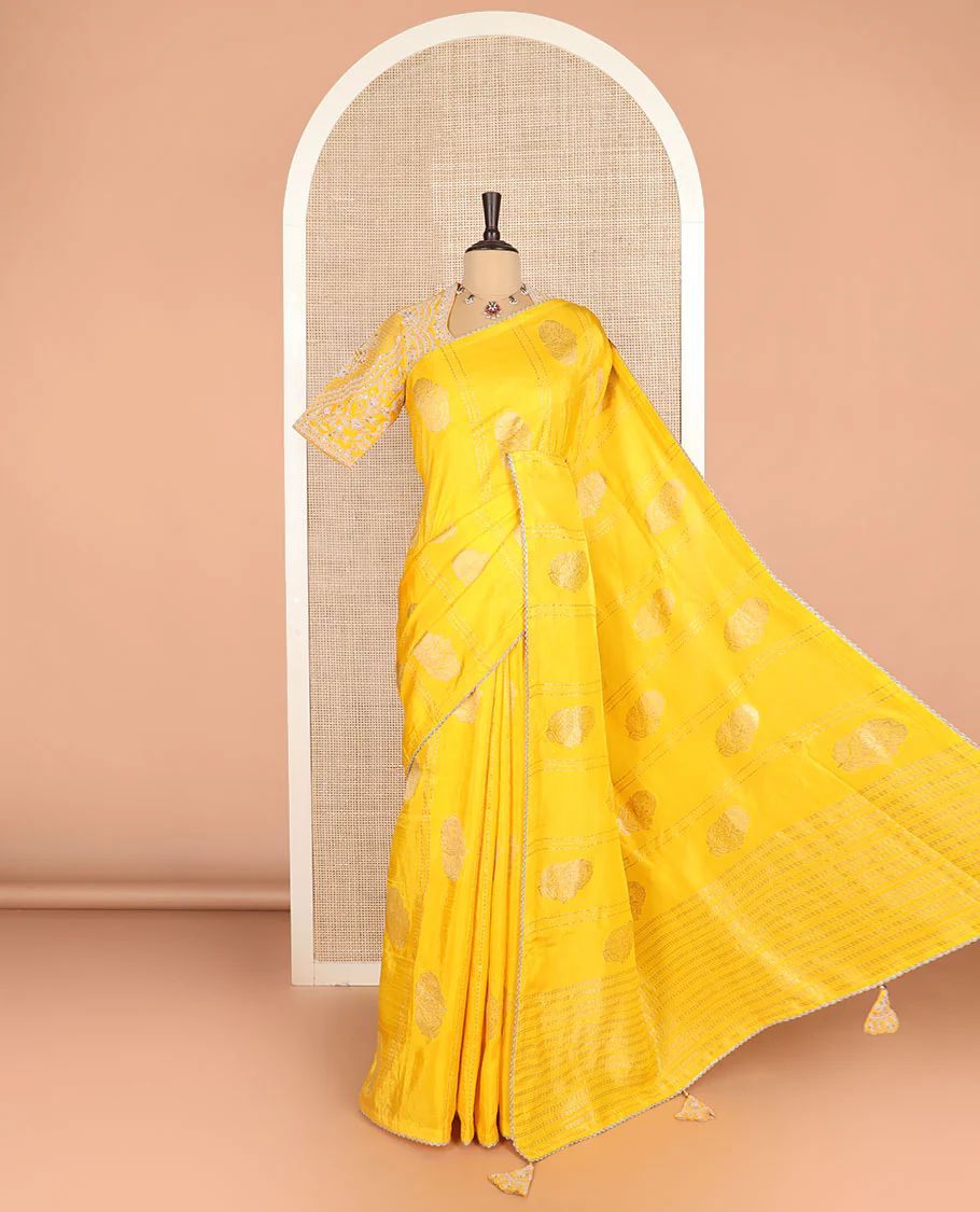 Borderless Yellow Floral Buttas Semi Banaras Dola, and Striped Saree, Lace Border, Zari Design Dallu, and a Matching Embroidered Elbow Sleeve Readymade Blouse