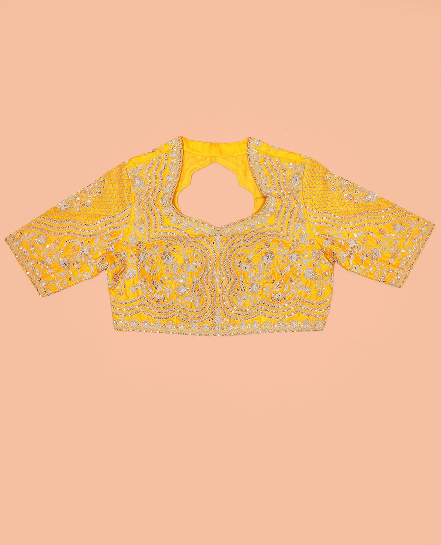 Borderless Yellow Floral Buttas Semi Banaras Dola, and Striped Saree, Lace Border, Zari Design Dallu, and a Matching Embroidered Elbow Sleeve Readymade Blouse - Image 6