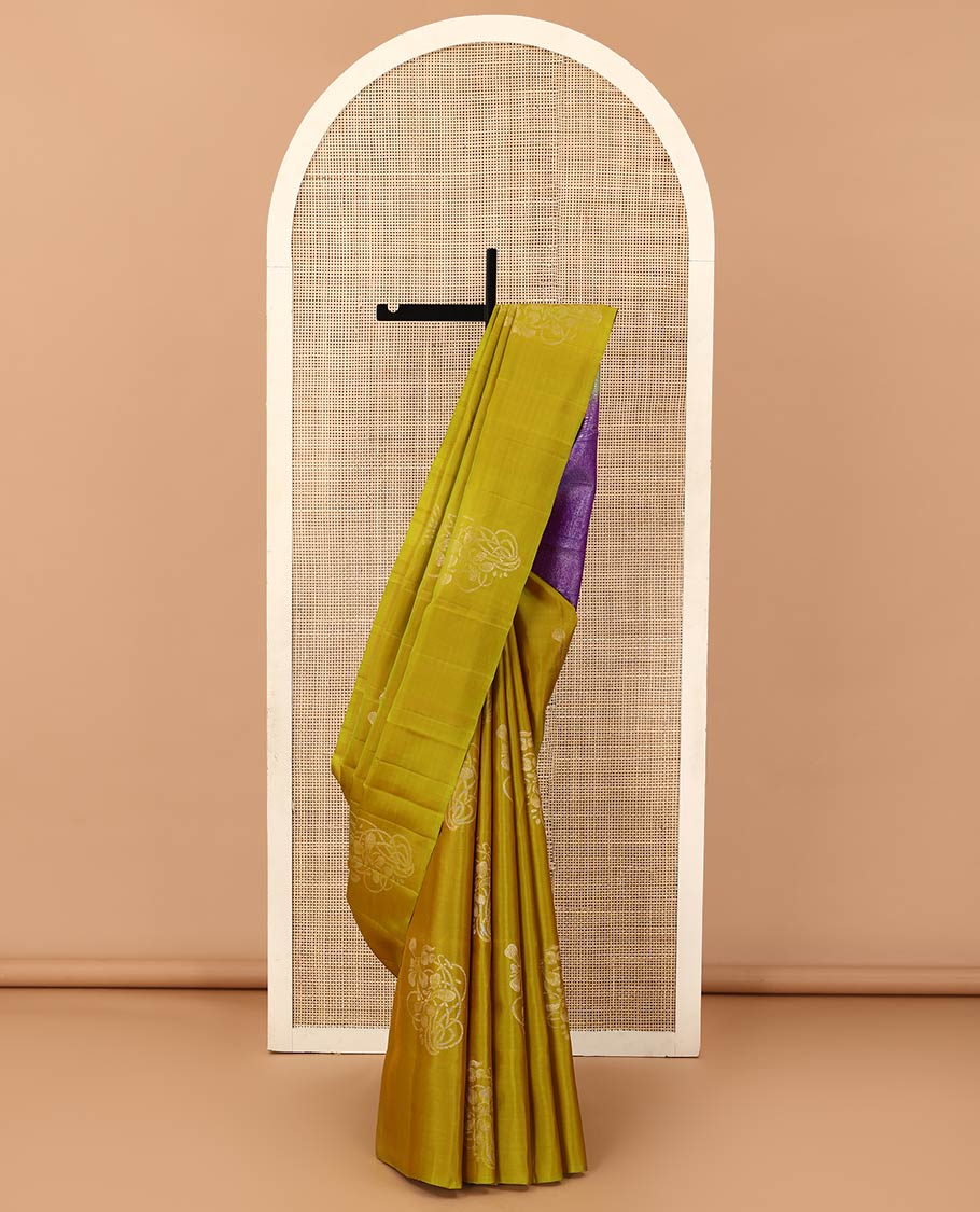 Borderless yellow floral buttas woven Mayuri soft silk saree, contrast pallu of floral and chevron designs