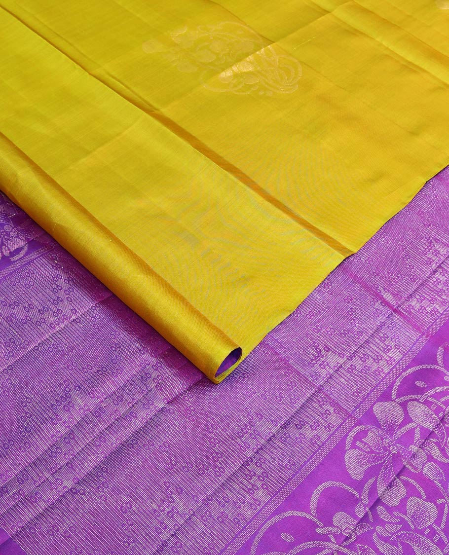 Borderless yellow floral buttas woven Mayuri soft silk saree, contrast pallu of floral and chevron designs - Image 2