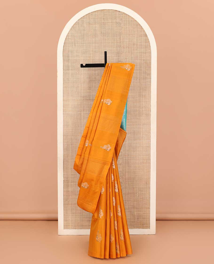 Borderless yellow stripes and mayil buttas Mayuri soft silk saree, contrast pallu steeped with traditional motifs