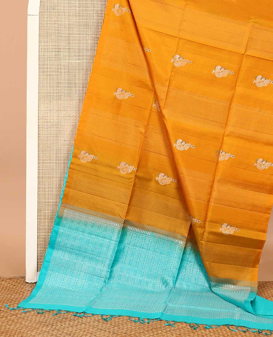 Borderless yellow stripes and mayil buttas Mayuri soft silk saree, contrast pallu steeped with traditional motifs - Image 3