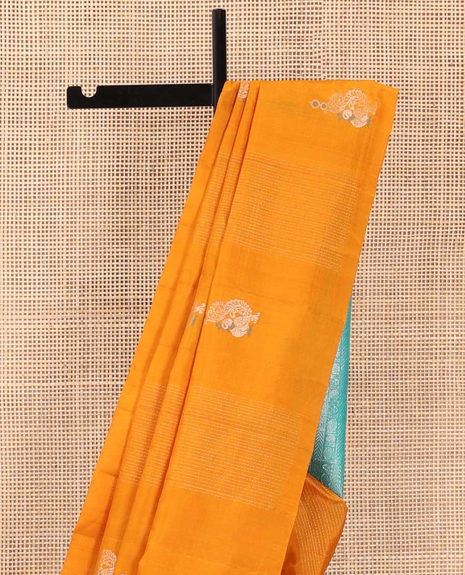 Borderless yellow stripes and mayil buttas Mayuri soft silk saree, contrast pallu steeped with traditional motifs - Image 4