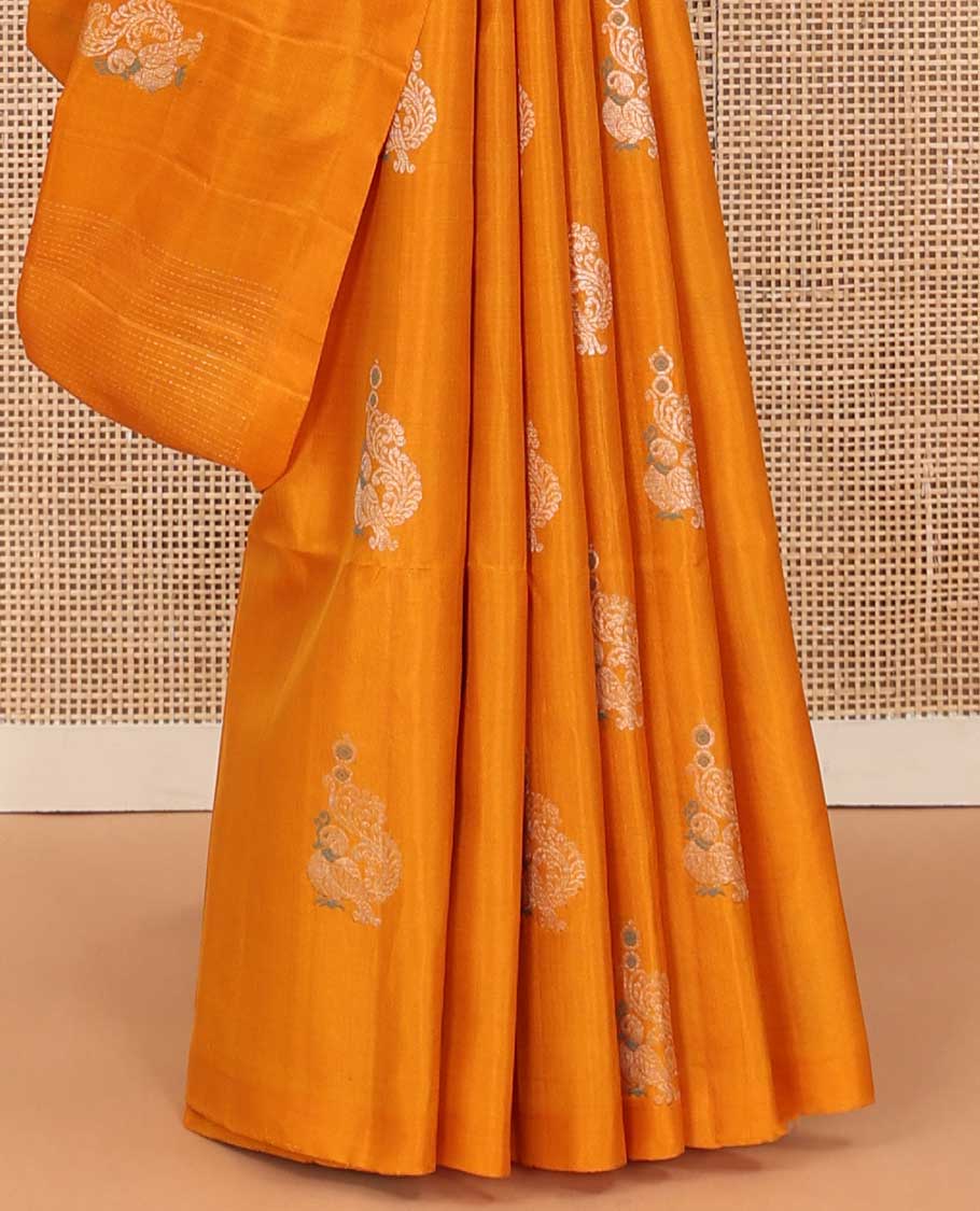 Borderless yellow stripes and mayil buttas Mayuri soft silk saree, contrast pallu steeped with traditional motifs - Image 5