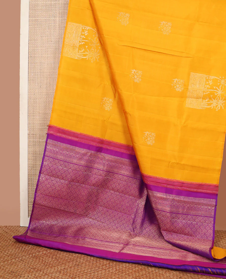 Borderless yellow warli-Island-theme woven zari buttas Kanchipuram silk saree, contrast jaal pallu - Image 3