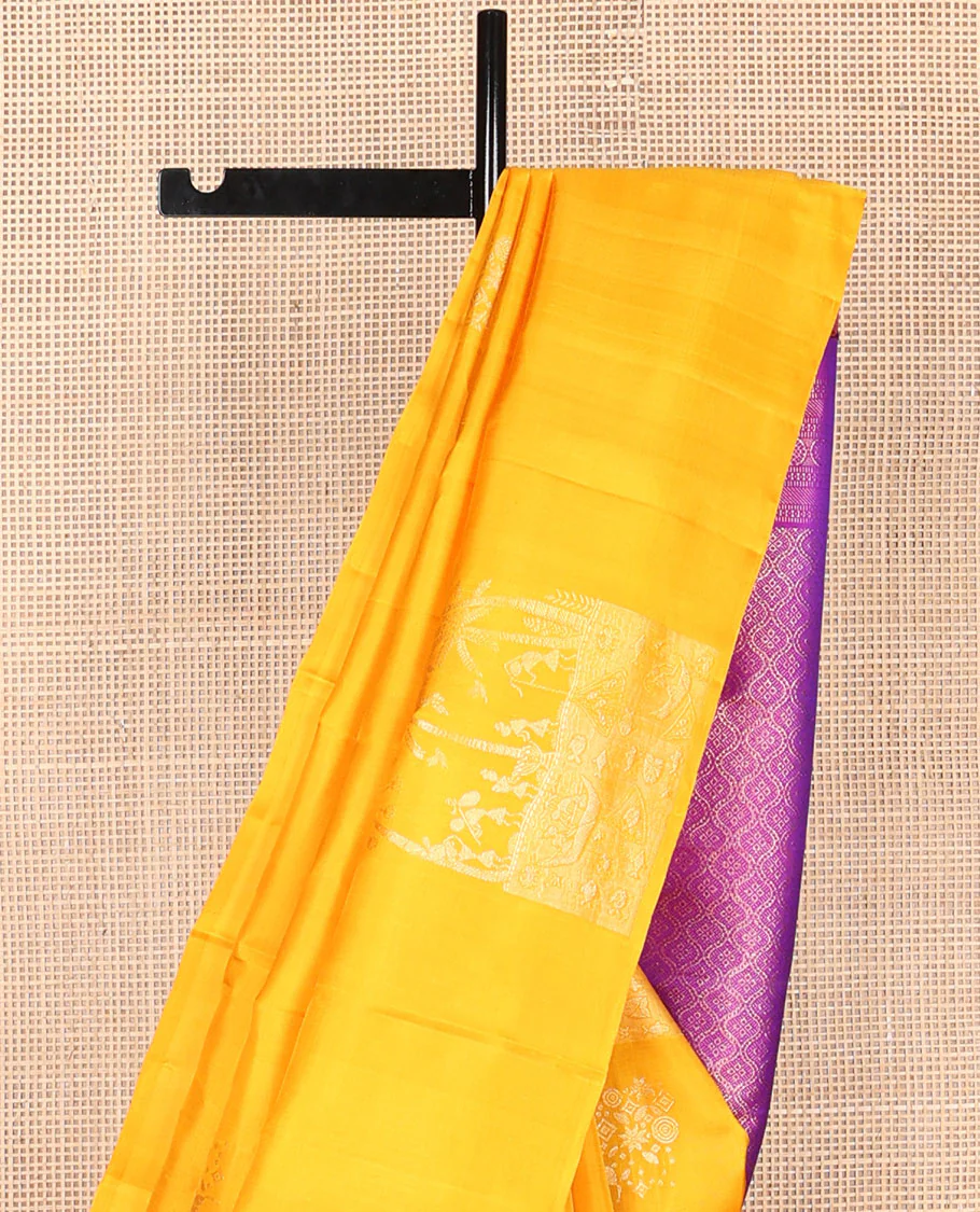 Borderless yellow warli-Island-theme woven zari buttas Kanchipuram silk saree, contrast jaal pallu - Image 4