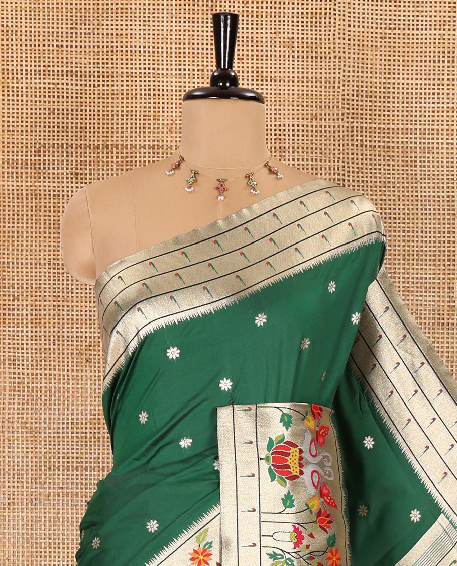 Bottle green floral buttas art silk paithani saree, contrast floral, bird, and muniya border, pallu of floral and bird designs and a matching blouse - Image 2