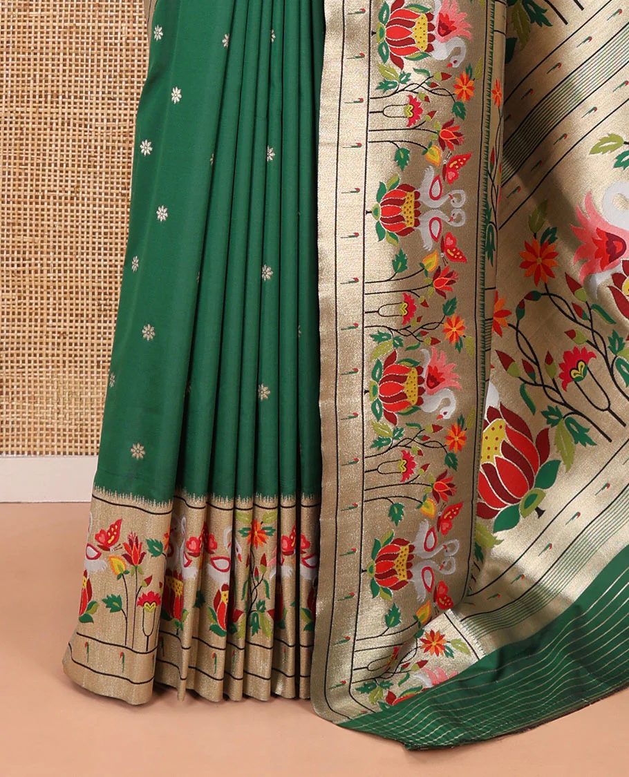 Bottle green floral buttas art silk paithani saree, contrast floral, bird, and muniya border, pallu of floral and bird designs and a matching blouse - Image 3