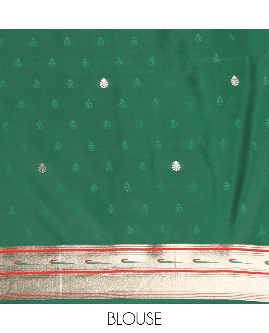Bottle green floral buttas art silk paithani saree, contrast floral, bird, and muniya border, pallu of floral and bird designs and a matching blouse - Image 4