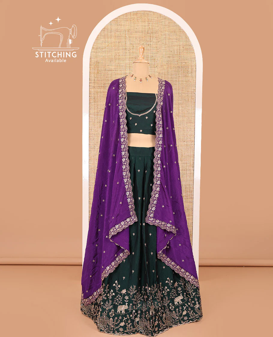 Bottle green half-saree, buttas and flora-fauna embroidered bordered velvet organza skirt, a matching velvet organza blouse, and a contrast embroidered scallop syska georgette dhavani - Image 2