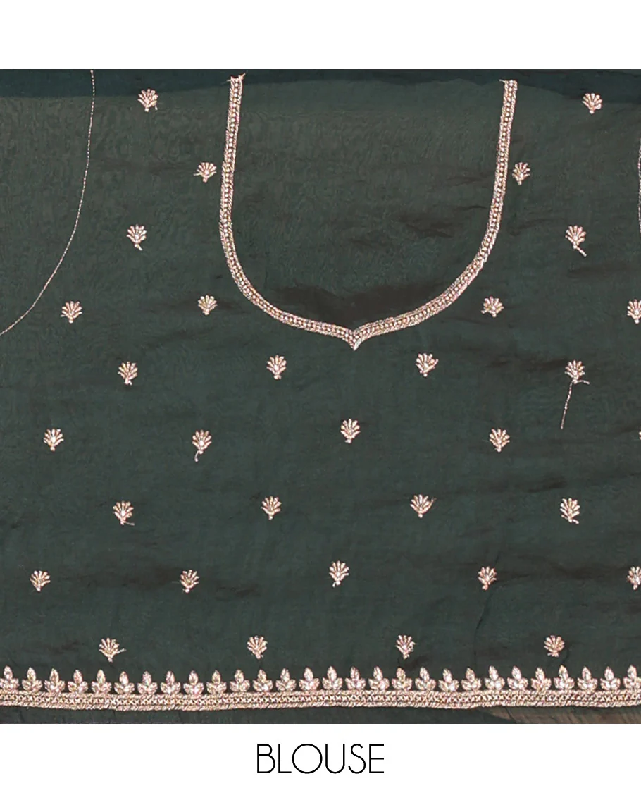Bottle green half-saree, buttas and flora-fauna embroidered bordered velvet organza skirt, a matching velvet organza blouse, and a contrast embroidered scallop syska georgette dhavani - Image 4