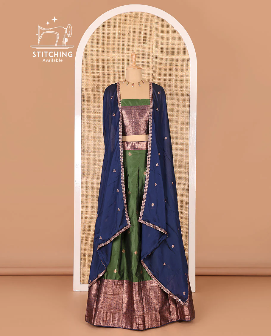 Bottle green taffeta silk half-saree, zari buttas and contrast traditional zari bordered skirt, a matching blouse, and contrast embroidered satin georgette  dhavani - Image 2