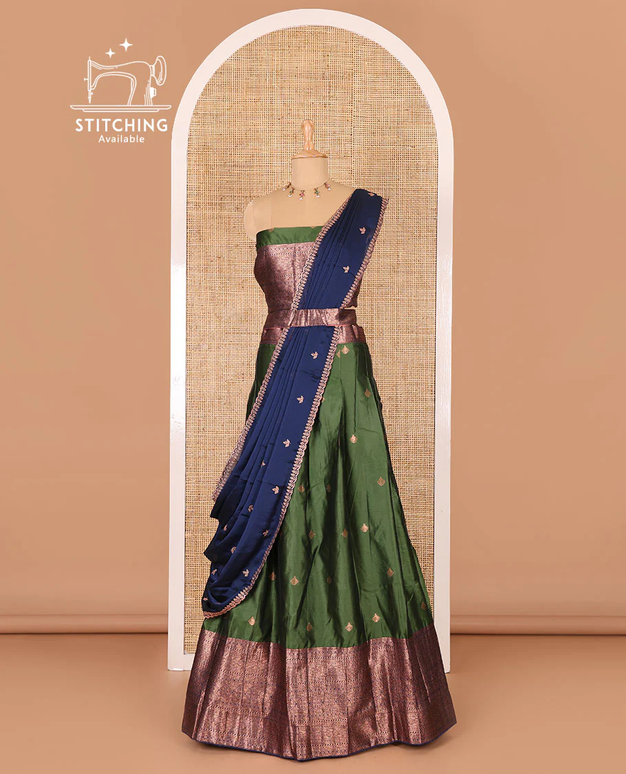 Bottle green taffeta silk half-saree, zari buttas and contrast traditional zari bordered skirt, a matching blouse, and contrast embroidered satin georgette  dhavani - Image 3