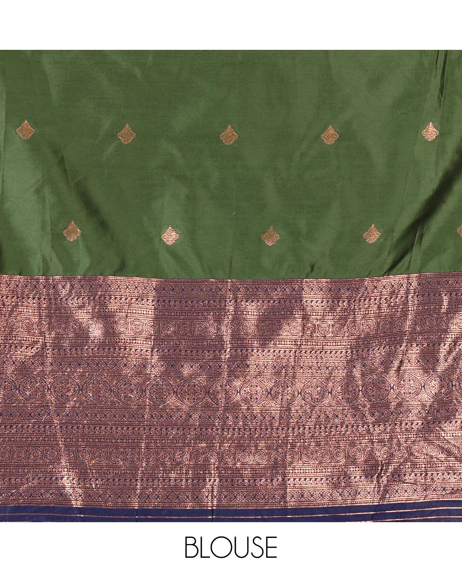 Bottle green taffeta silk half-saree, zari buttas and contrast traditional zari bordered skirt, a matching blouse, and contrast embroidered satin georgette  dhavani - Image 4