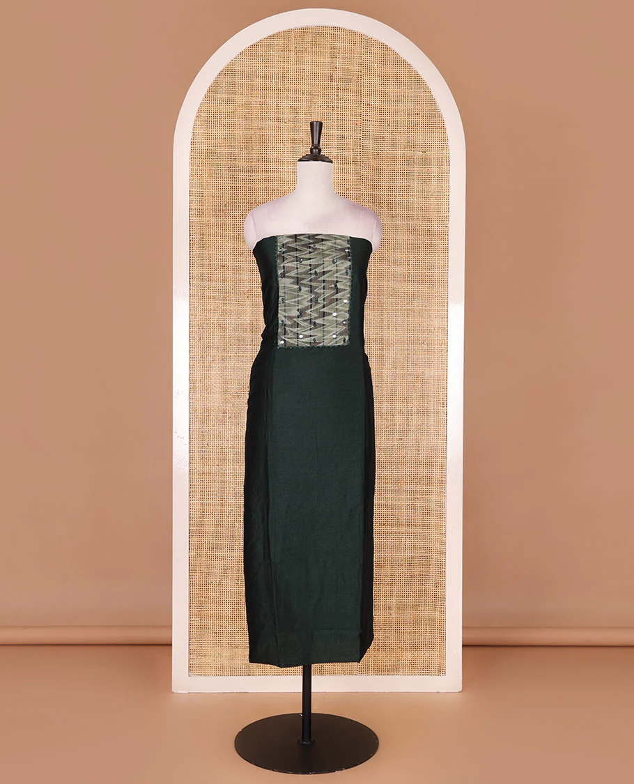 Bottle green Vertican silk material chudidar set, ikkat chevron striped with mirror neck embroidered top, santoon bottom, and contrast chevron striped dupatta - Image 4