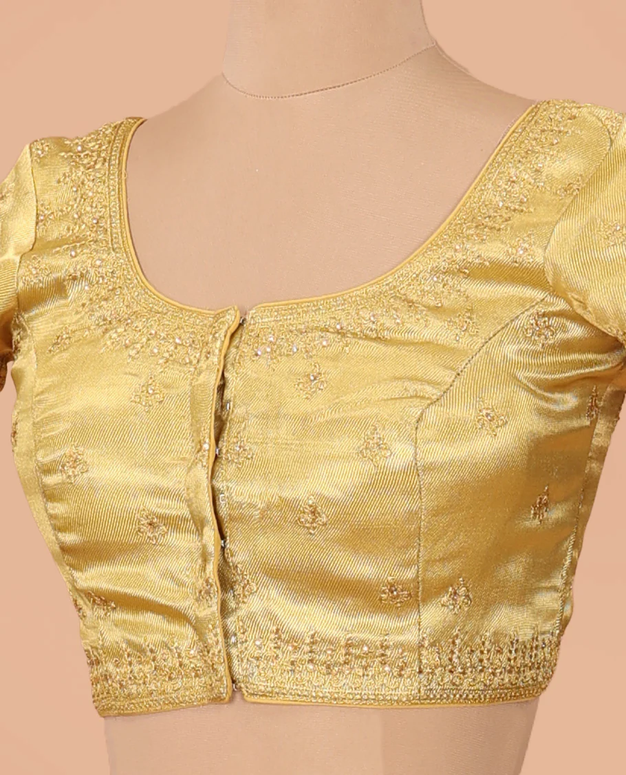 Bright gold thread embroidered front-back round neck elbow sleeve blouse - Image 2