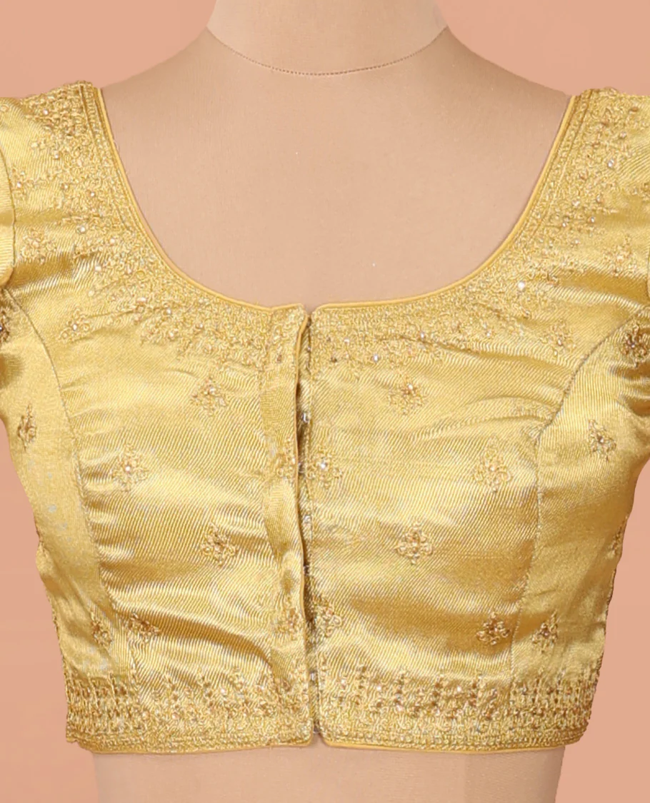 Bright gold thread embroidered front-back round neck elbow sleeve blouse - Image 3