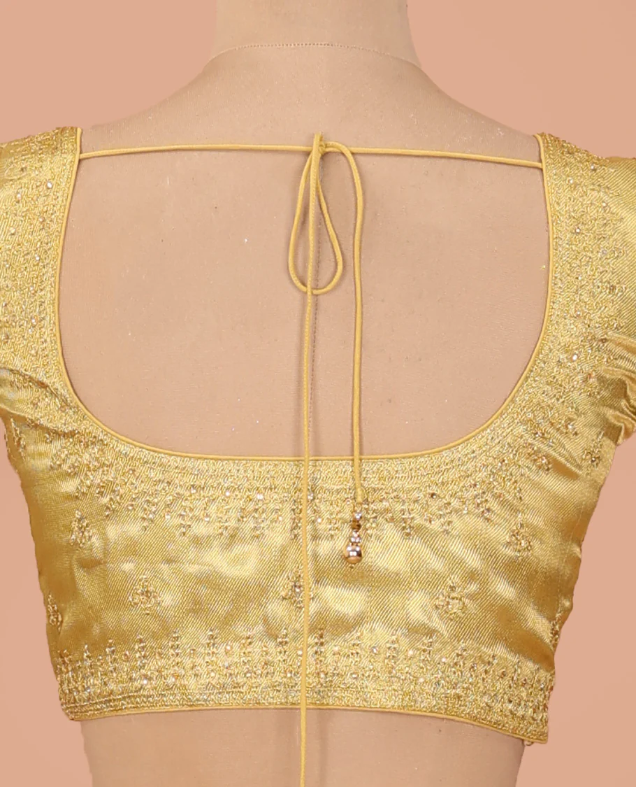 Bright gold thread embroidered front-back round neck elbow sleeve blouse - Image 4