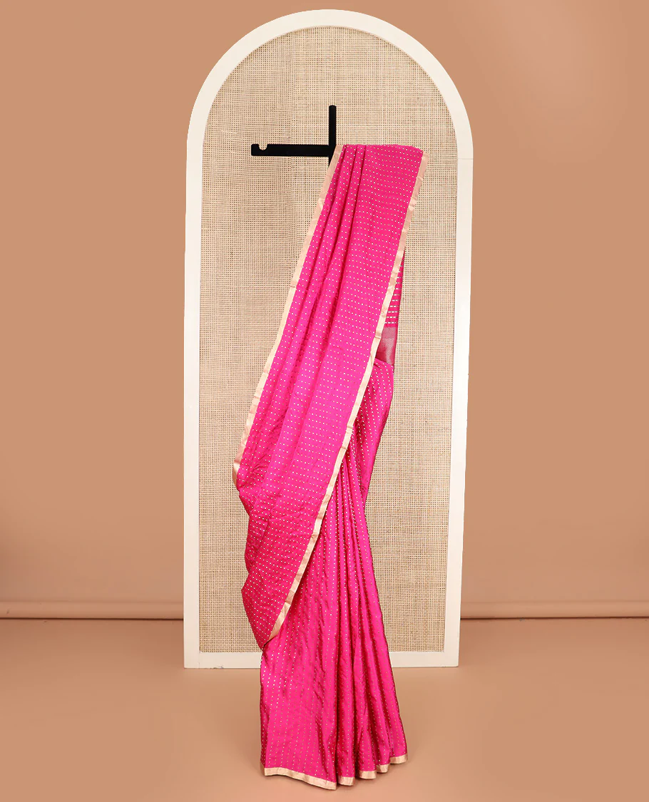 Bright pink dobbly style dotted banarasi silk saree, piping zari border, and chevron striped pallu - Image 3