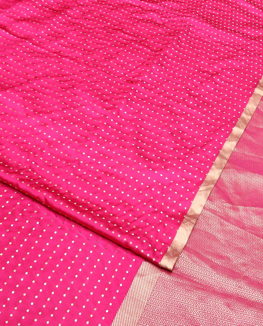 Bright pink dobbly style dotted banarasi silk saree, piping zari border, and chevron striped pallu - Image 4
