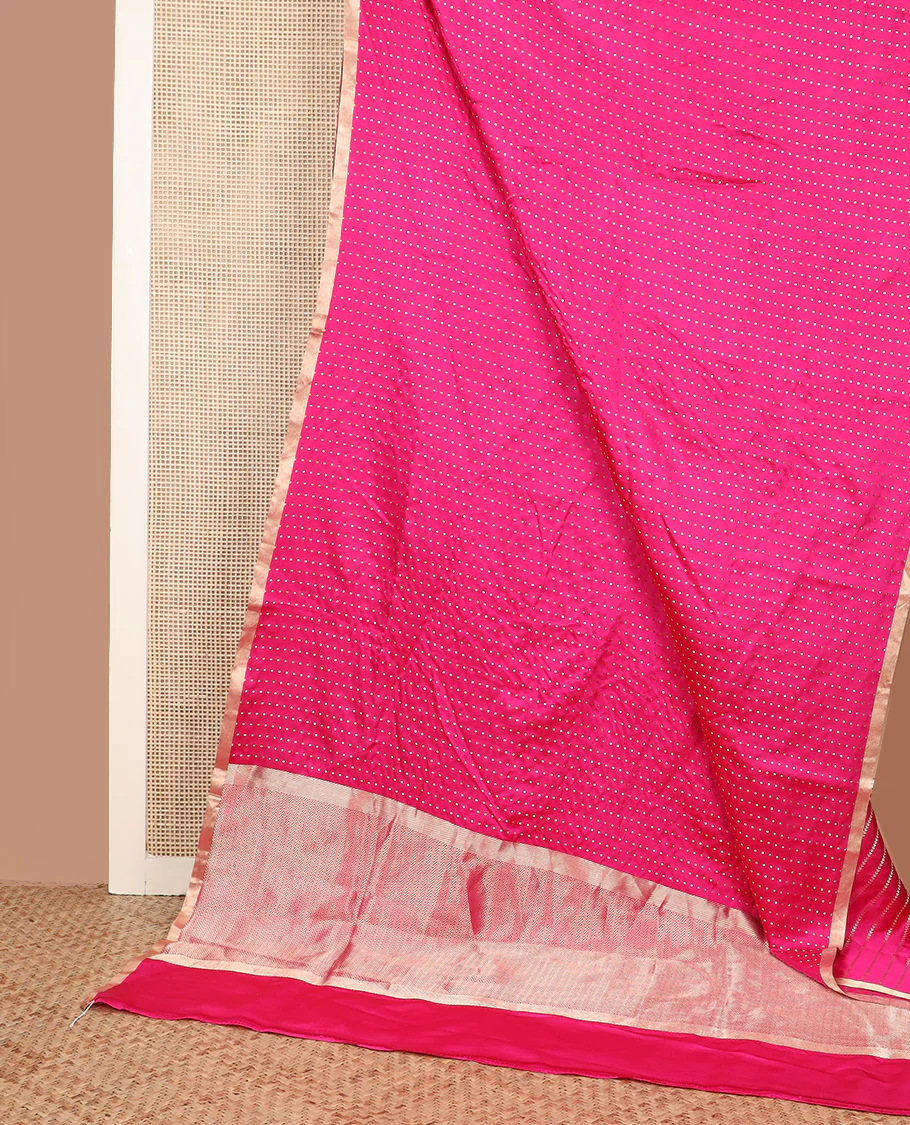 Bright pink dobbly style dotted banarasi silk saree, piping zari border, and chevron striped pallu - Image 5