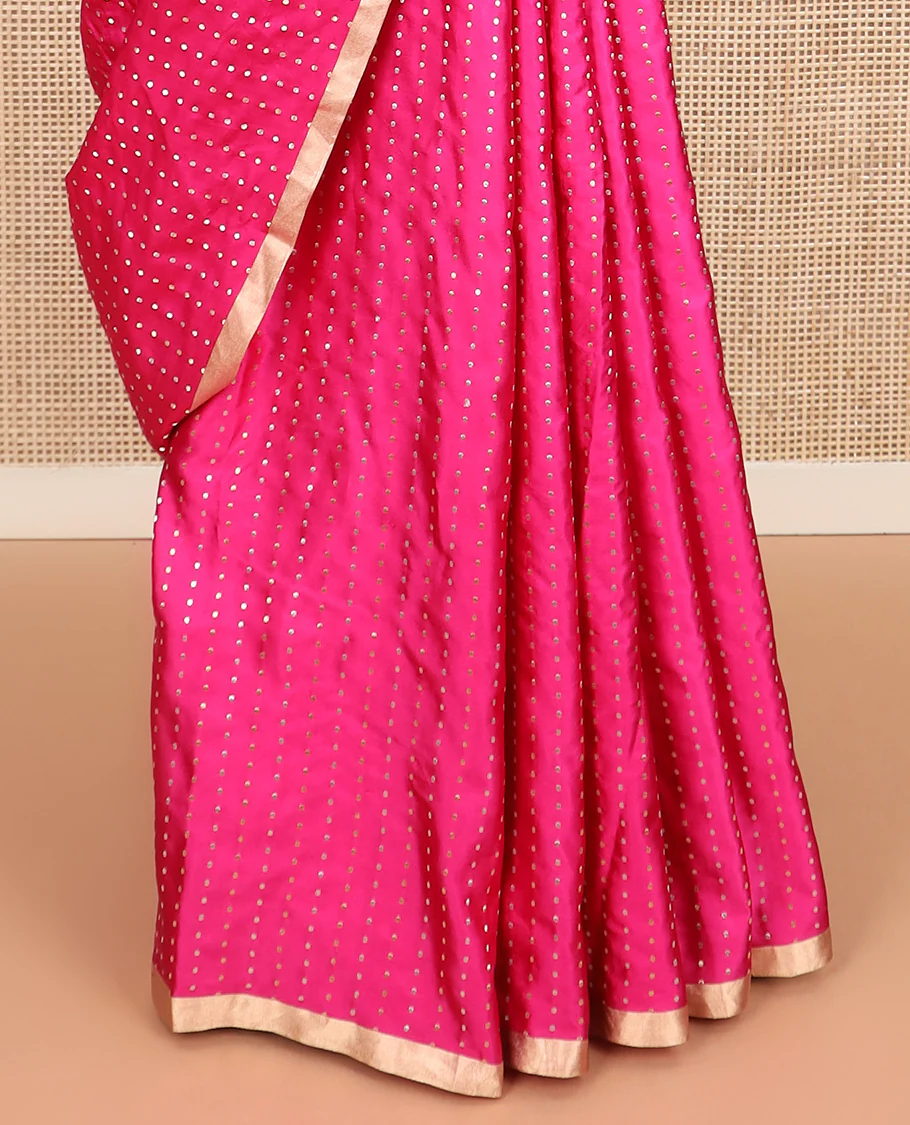 Bright pink dobbly style dotted banarasi silk saree, piping zari border, and chevron striped pallu - Image 7