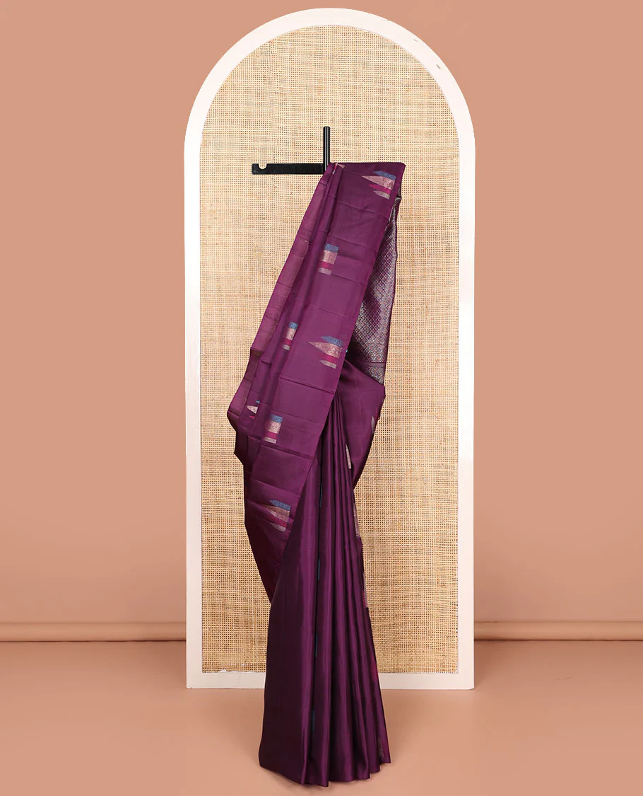 Broderless purple temple motifs Mayuri soft silk saree, zari woven pallu of jaal designs