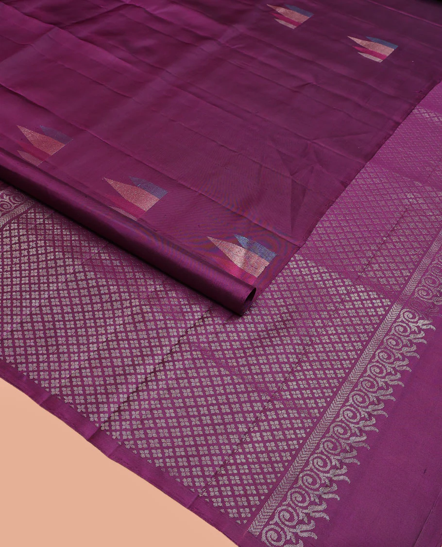 Broderless purple temple motifs Mayuri soft silk saree, zari woven pallu of jaal designs - Image 2