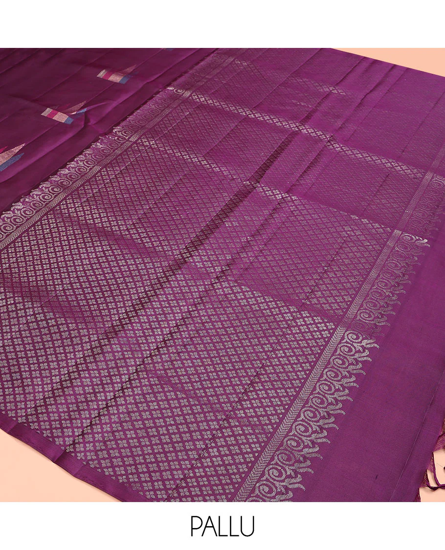 Broderless purple temple motifs Mayuri soft silk saree, zari woven pallu of jaal designs - Image 5