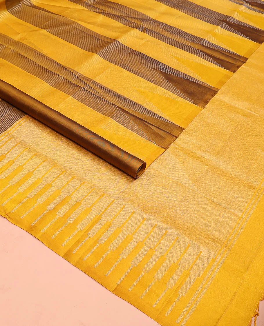 Broderless yellow striped and temple design Mayuri soft silk saree, zari woven pallu of seppu rekku designs - Image 2