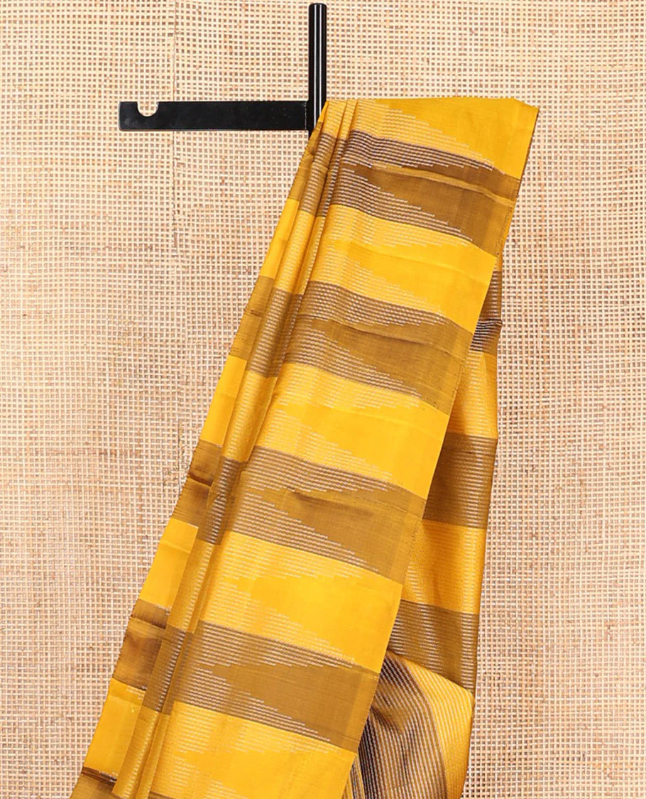 Broderless yellow striped and temple design Mayuri soft silk saree, zari woven pallu of seppu rekku designs - Image 3